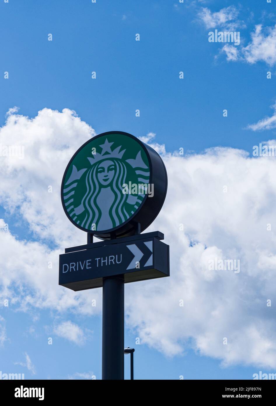 Starbucks drive thru sign with copy space, Northumberland, UK Stock Photo