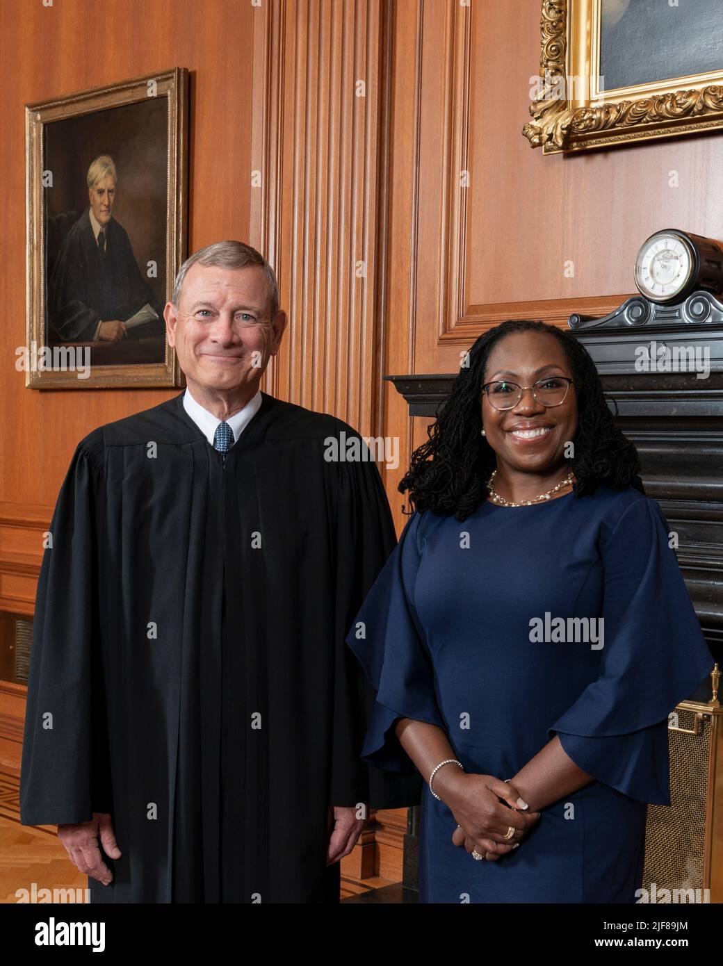 Chief Justice of the United States John G. Roberts, Jr., and Justice  Ketanji Brown Jackson in the Justices' Conference Room, Supreme Court  Building.Credit: Fred Schilling, Collection of the Supreme Court of the