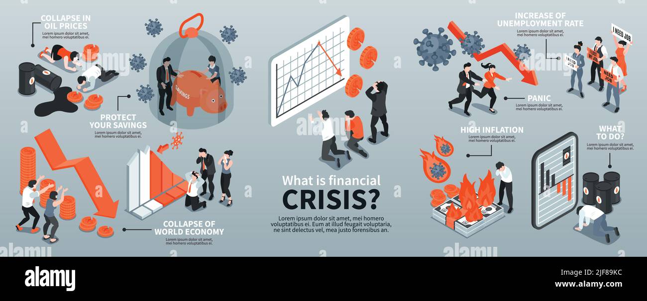 Isometric infographics with financial crisis icons and depressed people ...