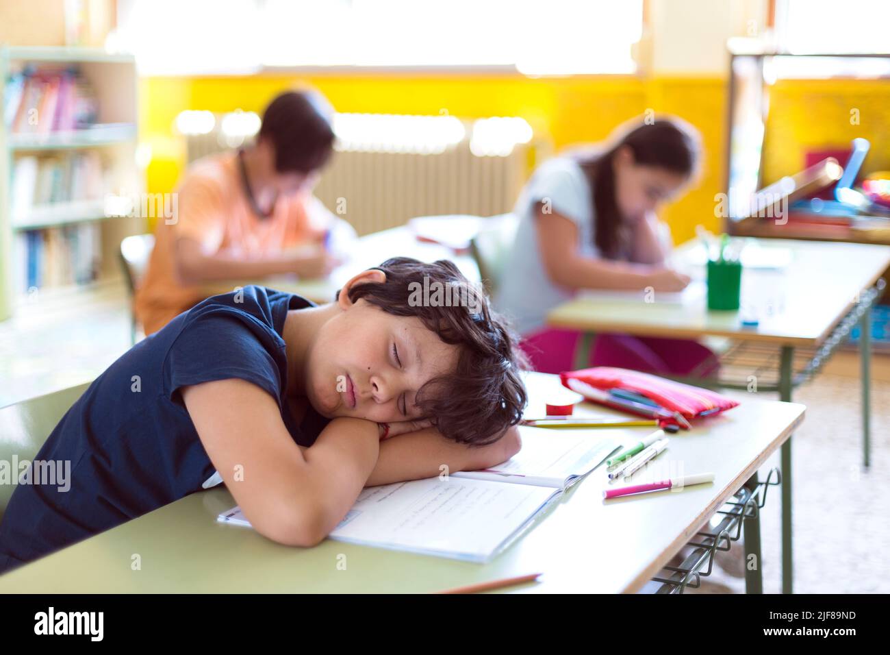 Caucasian child sleeping in class while his classmates are doing ...