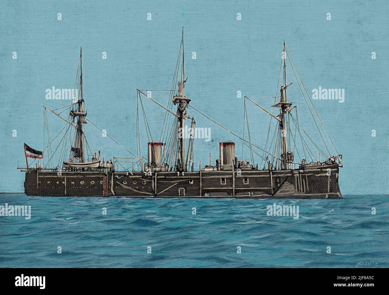 The German East Asia Squadron. China. The Imperial German Navy battleship, Kaiser class, SMS Deutschland (1875-1904). It was assigned to the East Asia Squadron for three years. Engraving by Matute. Later colouration. La Ilustración Española y Americana, 1898. Stock Photo