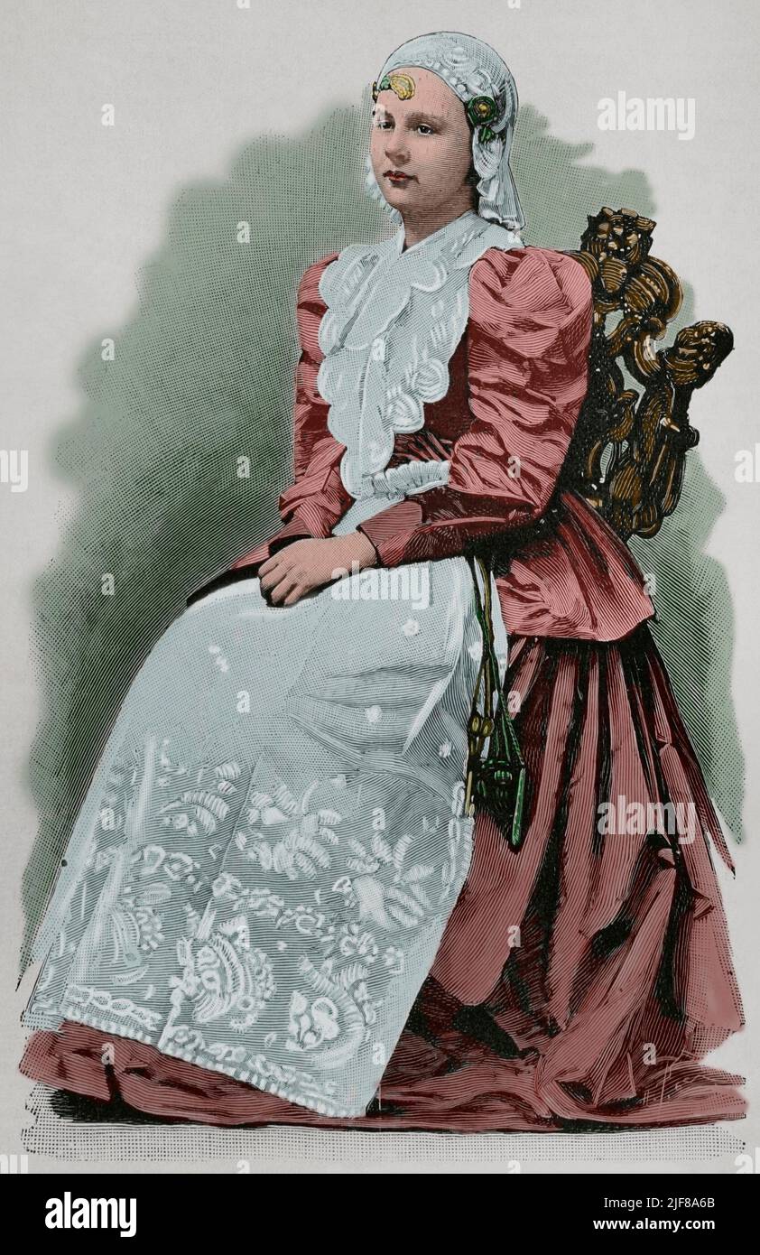 Wilhelmina of the Netherlands (1880-1962). Queen of the Netherlands from 1890 to 1948. House of Orange-Nassau. Queen Wilhelmina in traditional costume. Engraving. Later colouration. La Ilustración Española y Americana, 1898. Stock Photo