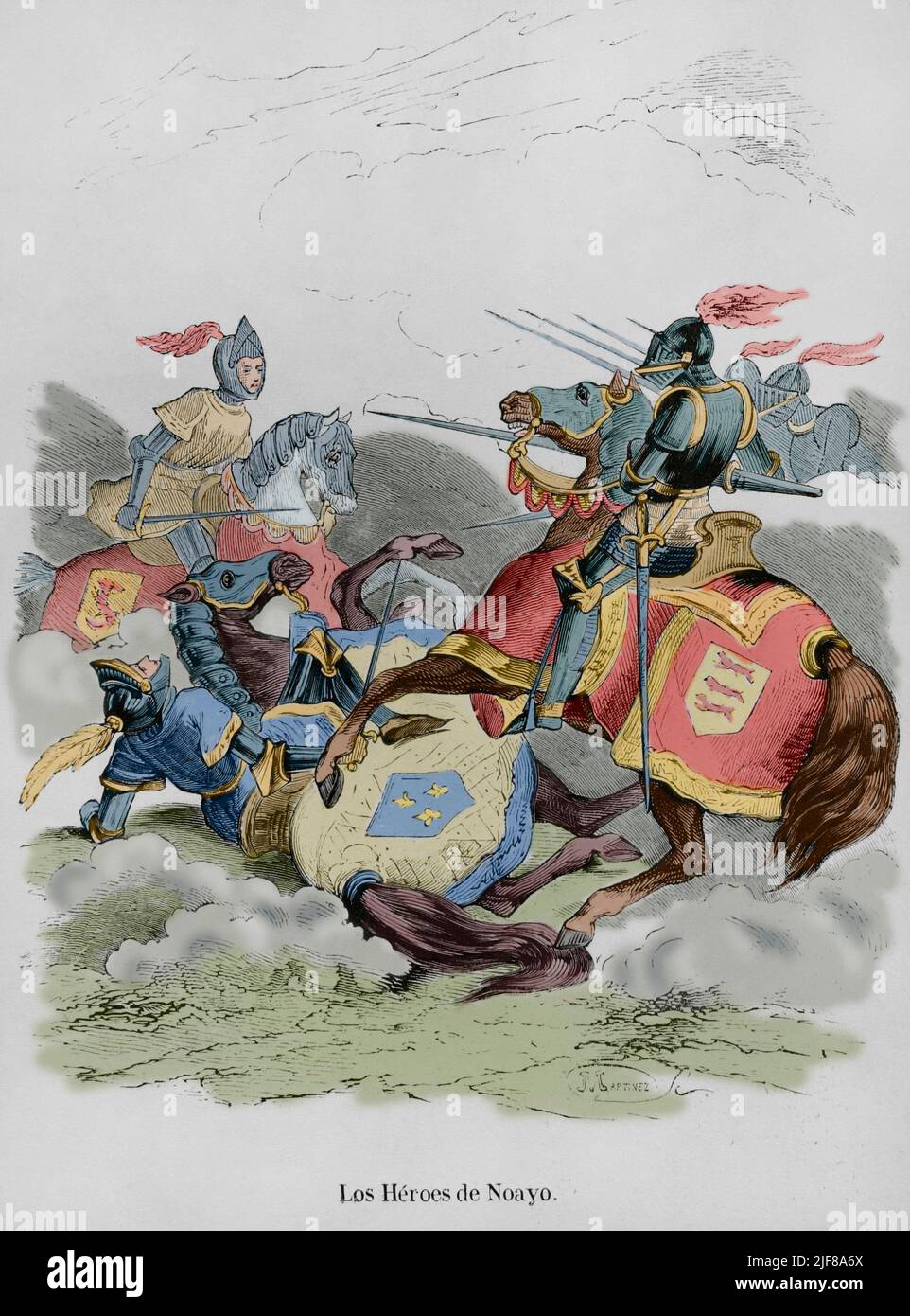 History of Spain. Noayo's heroes. Engraving. Later colouration. Las Glorias Nacionales. Volume III, Madrid-Barcelona edition, 1853. Stock Photo