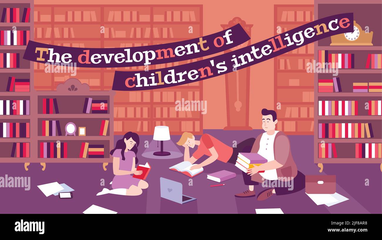 Parenting flat poster with father engaged in intellectual development ...