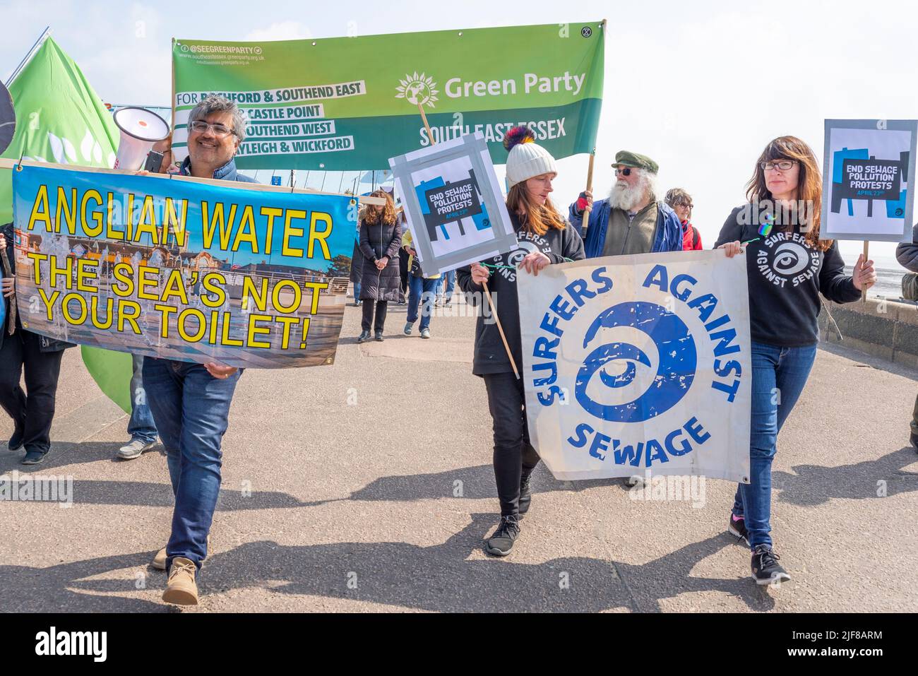 Anglian Water protest banner as protesters demonstrate against sewage being discharged off Southend into the Thames Estuary. Surfers against sewage Stock Photo