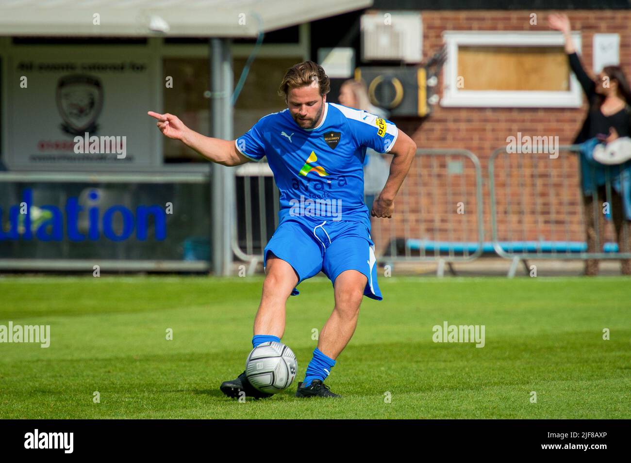 Hereford, England 08 August 2021.Sellebrity Soccer Celebrity Charity Football Match at Hereford FC in aid of Herefordshire Mind. Credit: Will Cheshire Stock Photo