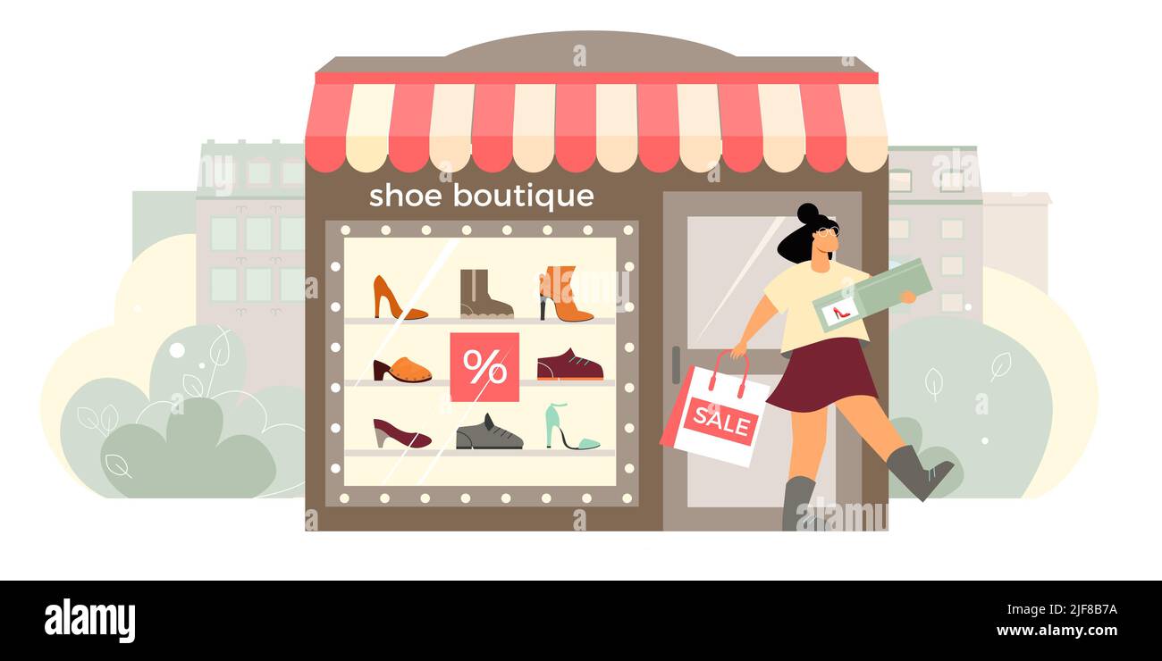 Shoe boutique facade flat composition with shop window display happy customer exits store with shoebox vector illustration Stock Vector