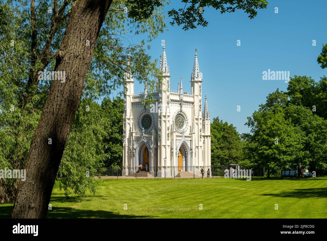St. Petersburg, Peterhof, Russia - June 25, 2022. Beautiful building of the Gothic chapel in Alexandria park. Historical buildings, architecture. Sele Stock Photo