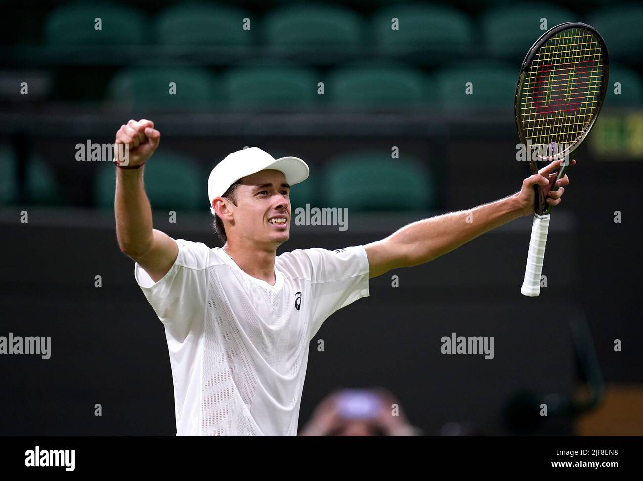 Alex de Minaur celebrates winning his GentlemenÕs singles second round  match against Jack Draper during day four of the 2022 Wimbledon  Championships at the All England Lawn Tennis and Croquet Club, Wimbledon.
