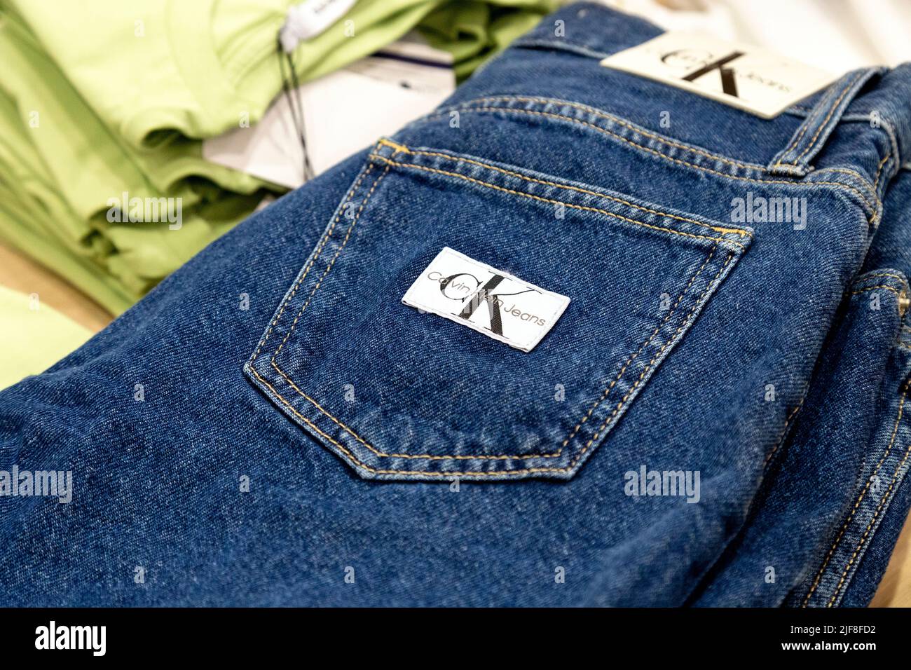 Calvin Klein blue jeans at a shop display Stock Photo