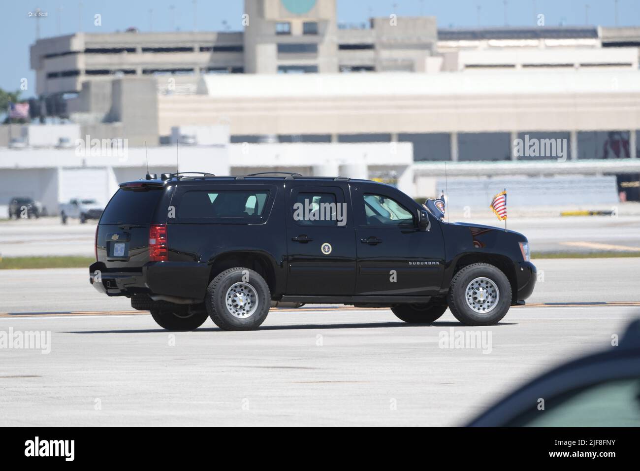 MIAMI, FL - JULY 10: US President Donald Trump arriving at Miami International Airport on July 10, 2020 in Miami, Florida. The President was greeted by Carlos A. Gimnez Mayor of Miami-Dade County and is in town to receive a briefing on SOUTHCOM Enhanced Counternarcotics Operation and to attend Iglesia Doral Jesus Worship Center to participate in a roundtable on Supporting the People of Venezuela People: President Donald Trump Credit: Storms Media Group/Alamy Live News Stock Photo