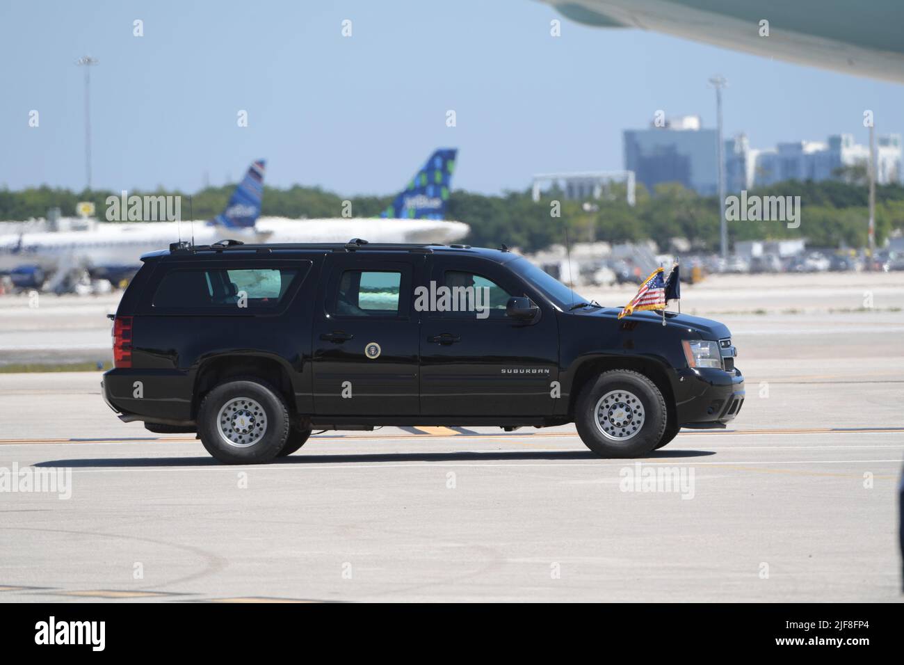 MIAMI, FL - JULY 10: US President Donald Trump arriving at Miami International Airport on July 10, 2020 in Miami, Florida. The President was greeted by Carlos A. Gimnez Mayor of Miami-Dade County and is in town to receive a briefing on SOUTHCOM Enhanced Counternarcotics Operation and to attend Iglesia Doral Jesus Worship Center to participate in a roundtable on Supporting the People of Venezuela People: President Donald Trump Credit: Storms Media Group/Alamy Live News Stock Photo