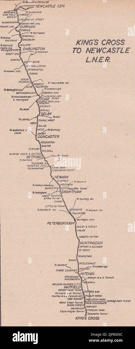 Vintage railway network L.N.E.R. King's Cross to Newcastle. Stock Photo