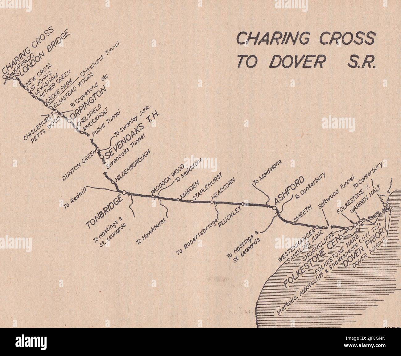 Vintage railway map - Charing Cross to Dover S.R. Stock Photo