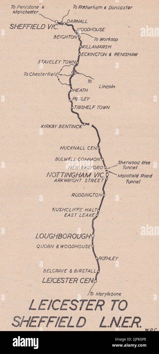 Vintage railway map - Leicester to Sheffield L.N.E.R. Stock Photo