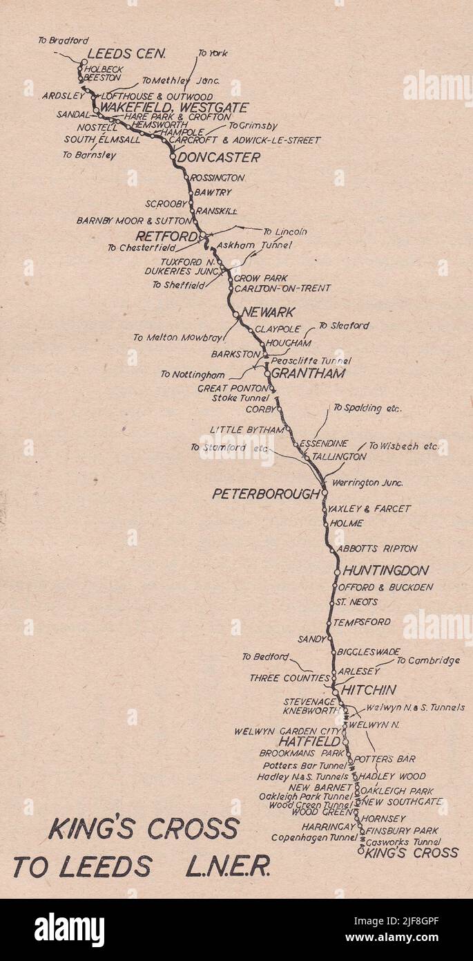 Vintage railway map - King's Cross to Leeds L.N.E.R. Stock Photo