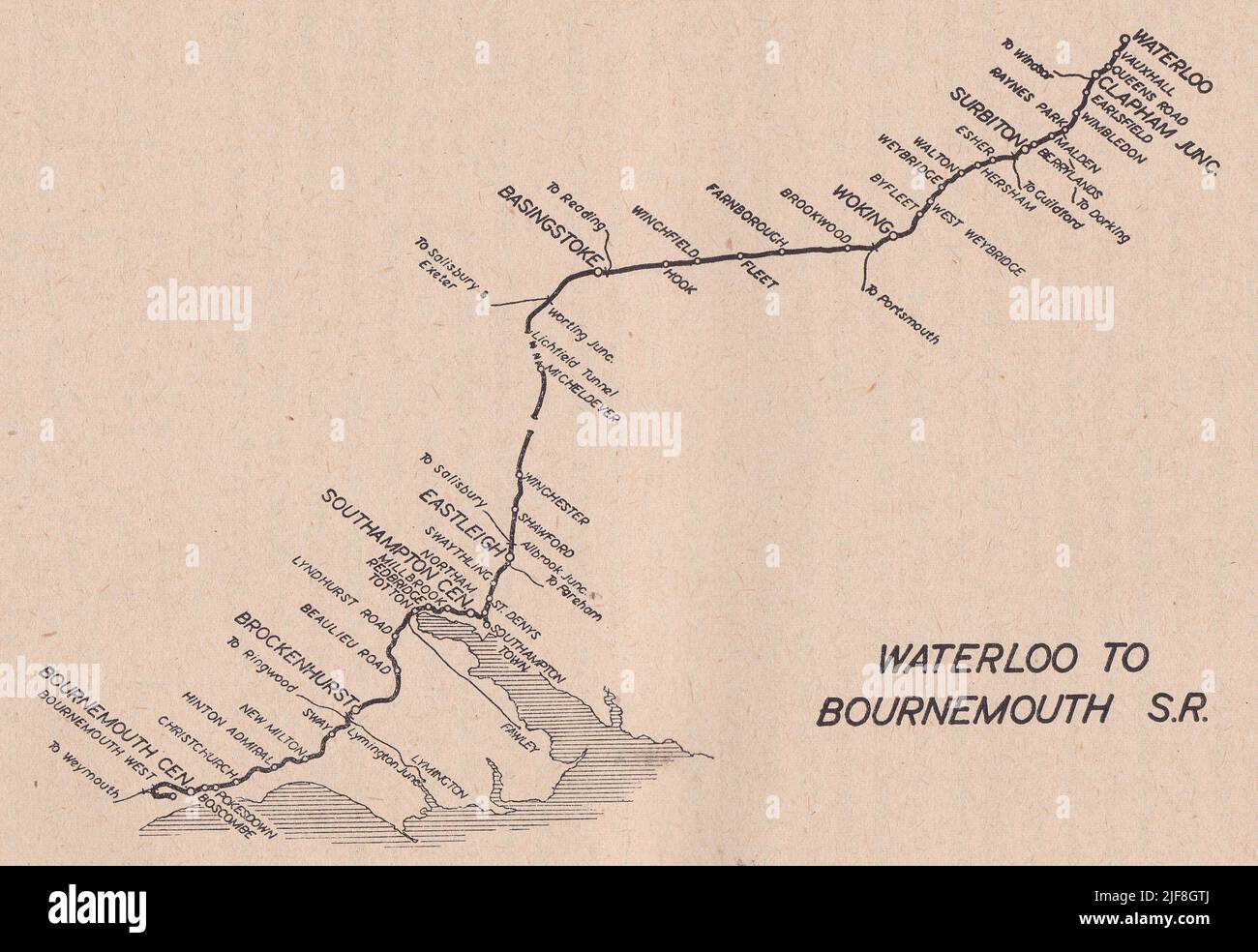 Vintage railway map - Waterloo to Bournemough S. R. Stock Photo