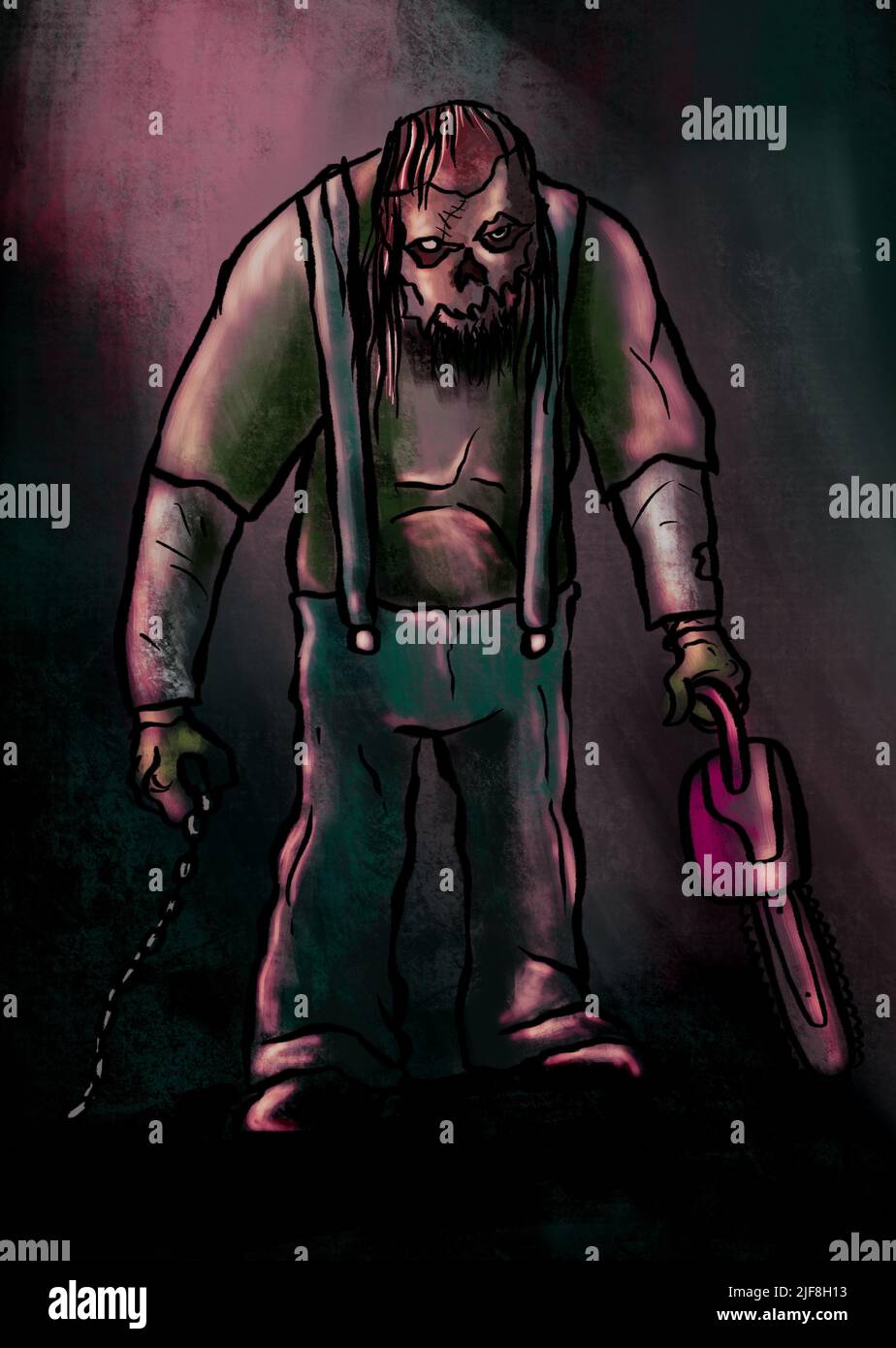 evil serial killer with mask and chainsaw hand drawn illustration Stock
