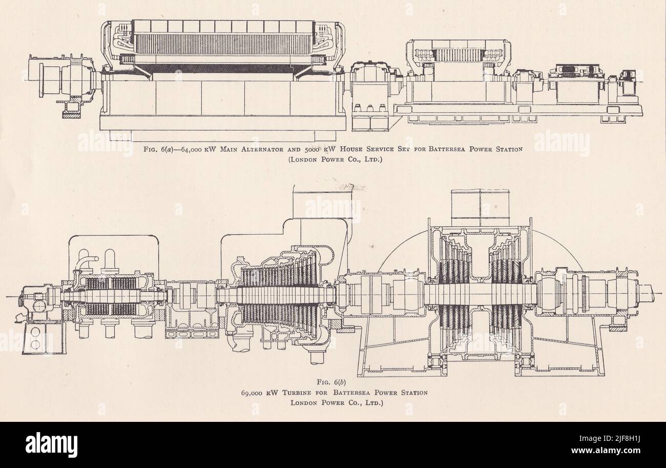 Vintage diagrams of main alternator and house service set, and turbine - Battersea Power Station. Stock Photo