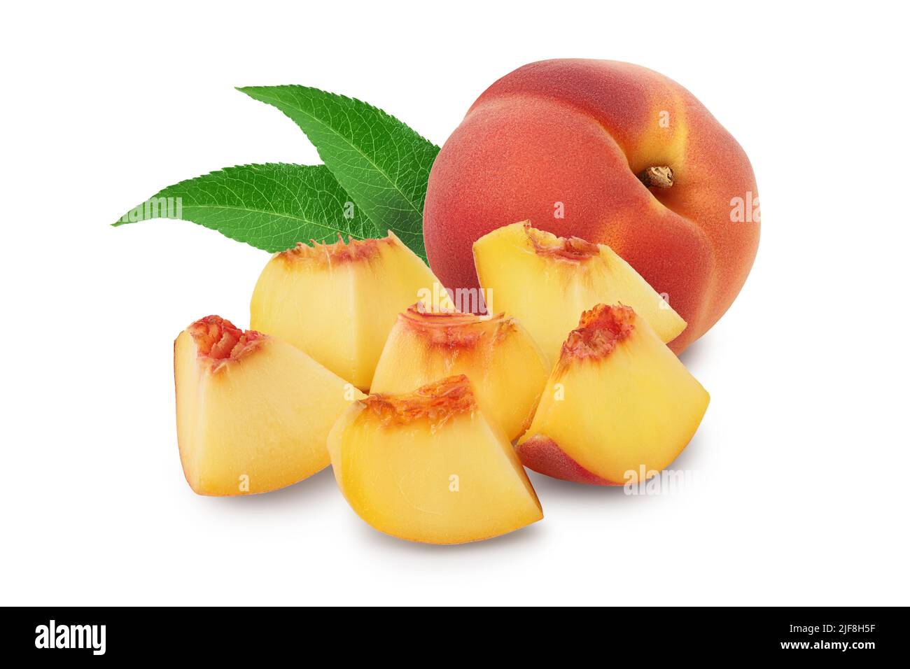 Ripe peach fruit slices isolated on white background with full depth of ...