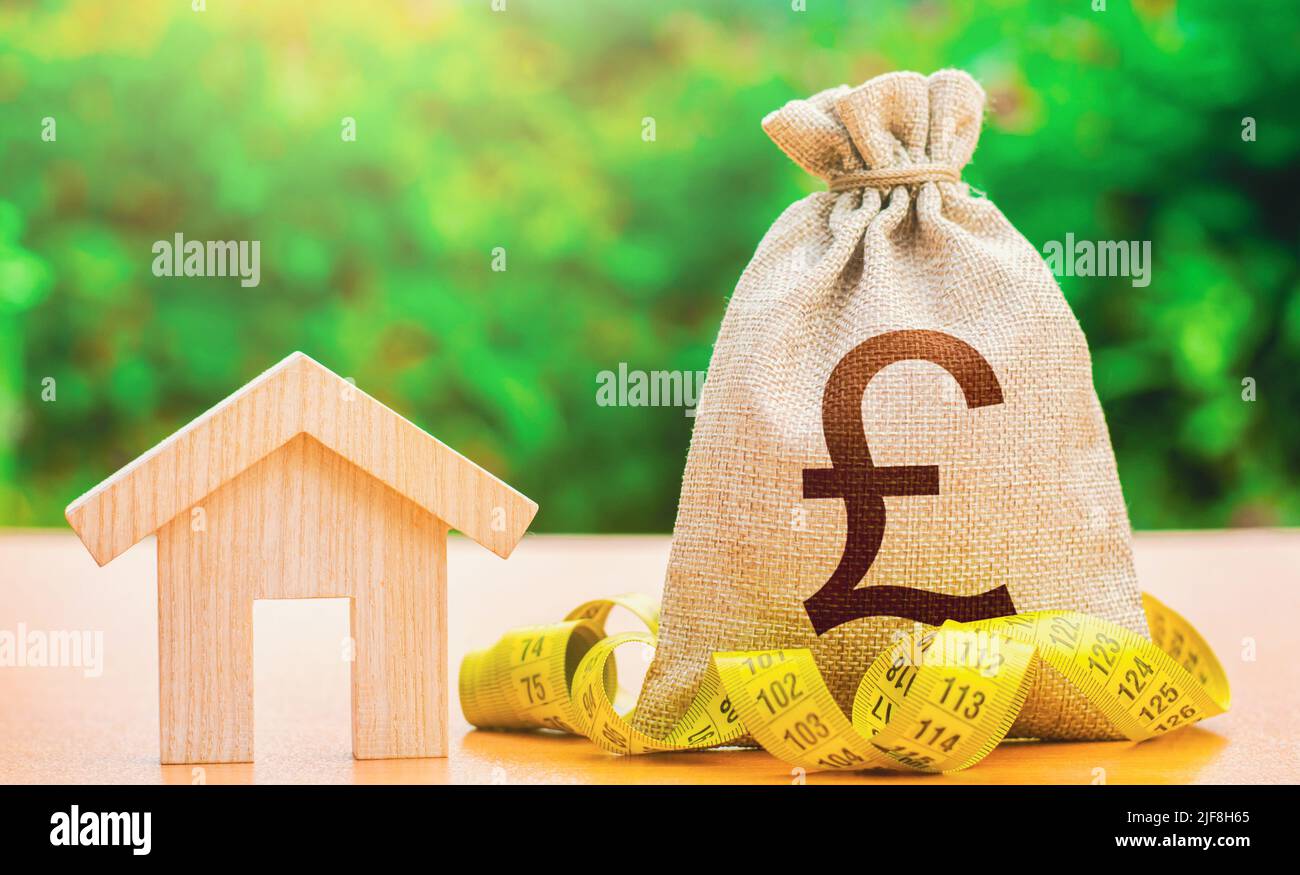 House british pound sterling money bag. Property valuation. Mortgage