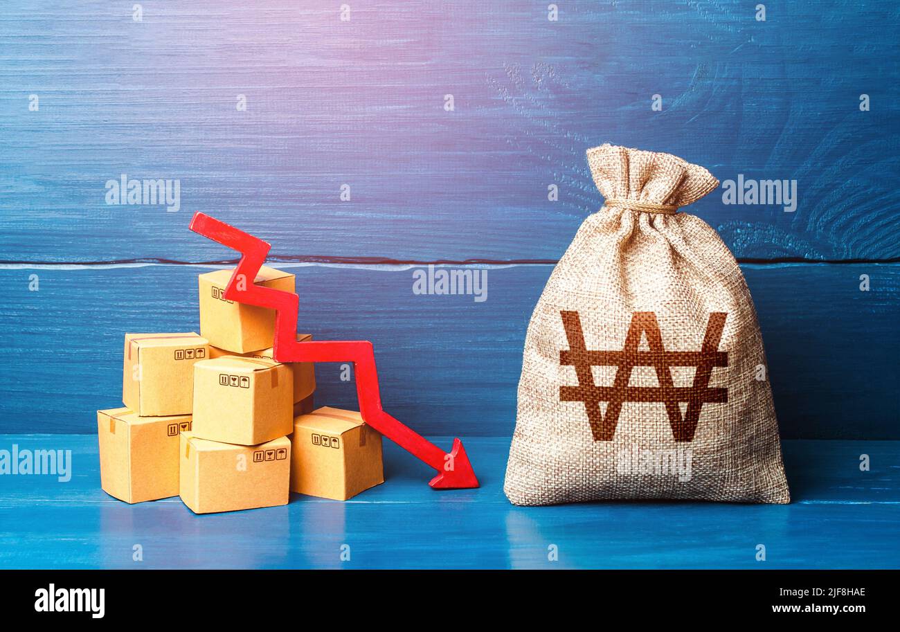 South korean won money bag with boxes and down arrow. Bad consumer sentiment and demand for goods. Low sales. Production decline. Reduced transportati Stock Photo