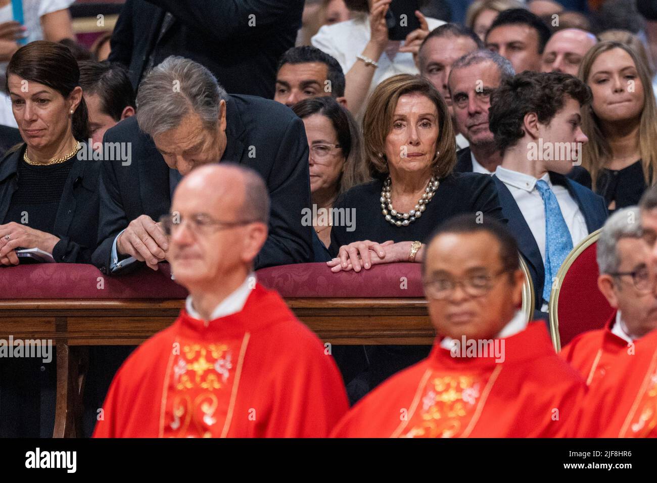 Vatican, Vatican. 29th June, 2022. US House of Representatives Speaker, Nancy Pelosi (R), with her husband Paul Pelosi (C), attend a Holy Mass for the Solemnity of Saints Peter and Paul lead by Pope Francis in St. Peter's Basilica. Credit: SOPA Images Limited/Alamy Live News Stock Photo