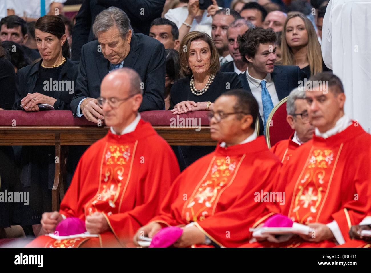 Vatican, Vatican. 29th June, 2022. US House of Representatives Speaker, Nancy Pelosi (R), with her husband Paul Pelosi (C), attend a Holy Mass for the Solemnity of Saints Peter and Paul lead by Pope Francis in St. Peter's Basilica. Credit: SOPA Images Limited/Alamy Live News Stock Photo