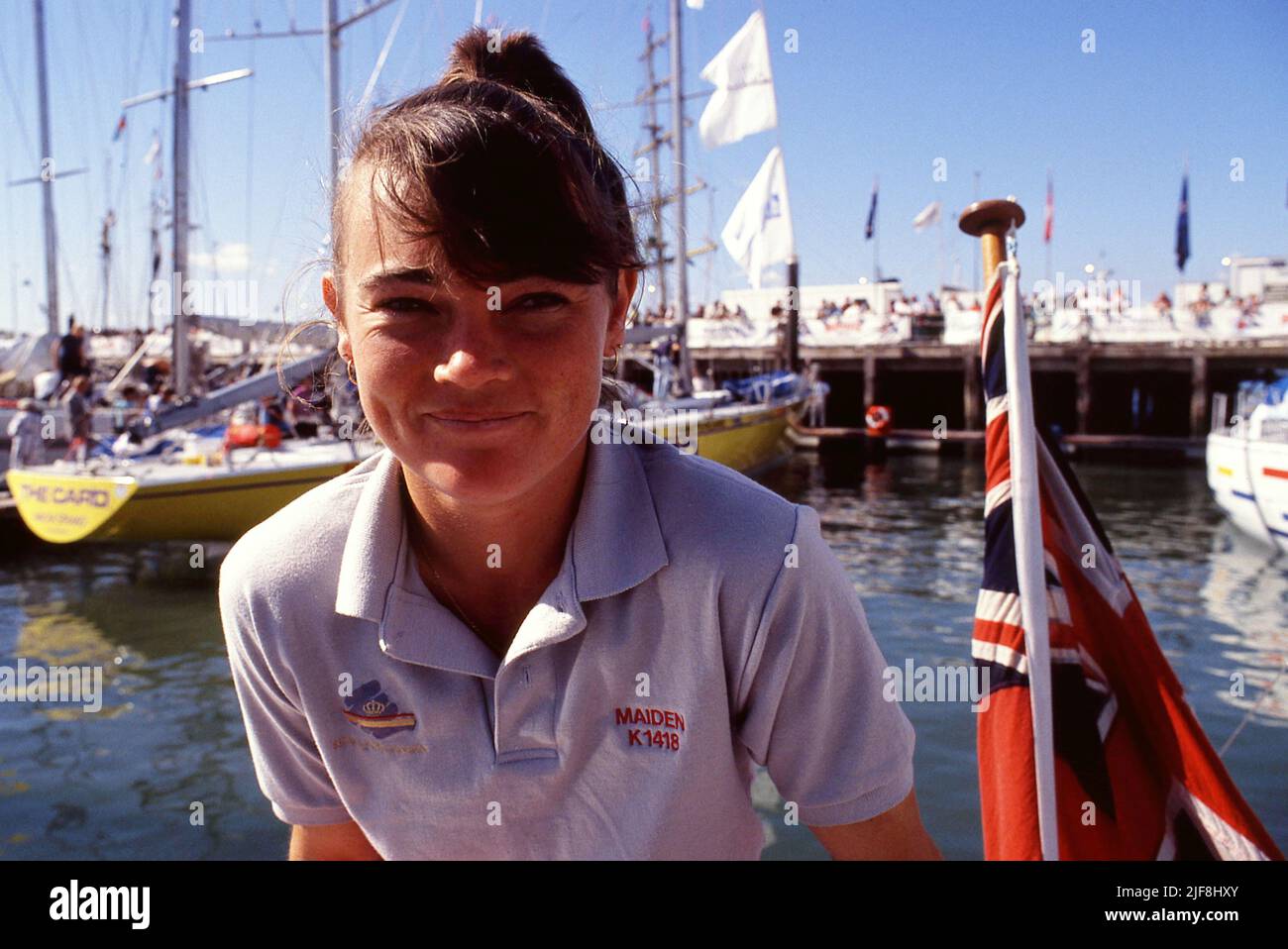 AJAXNETPHOTO. 1989. SOUTHAMPTON, ENGLAND. - WHITBREAD ROUND THE WORLD RACE - TRACY EDWARDS, SKIPPER OF THE YACHT MAIDEN, THE ONLY ENTRY WITH AN ALL-GIRL CREW.  PHOTO:JONATHAN EASTLAND/AJAX REF:890844 Stock Photo