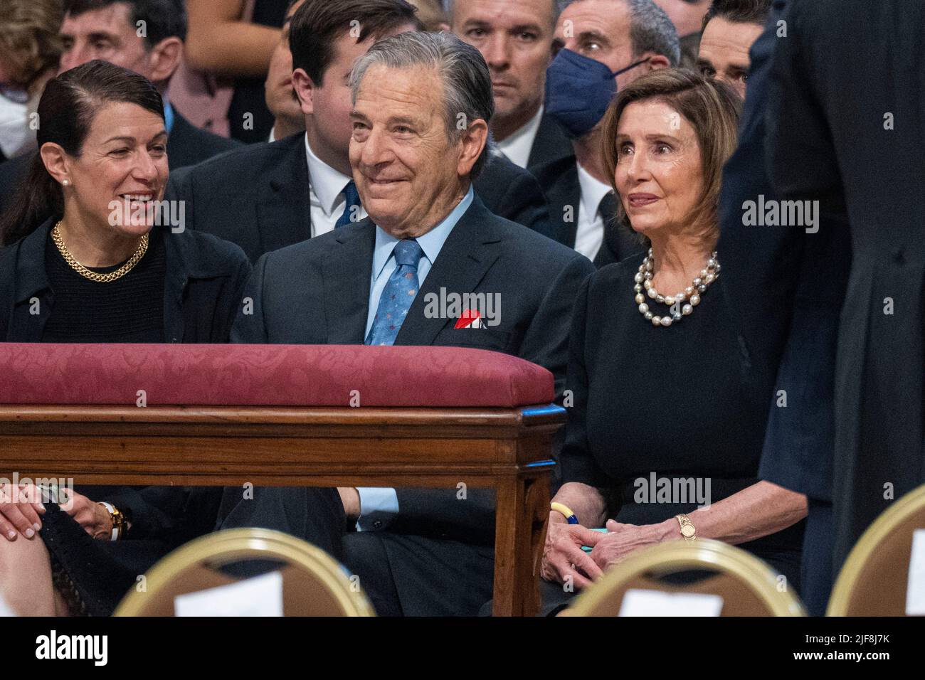 Vatican, Vatican. 29th June, 2022. US House of Representatives Speaker, Nancy Pelosi (R), with her husband Paul Pelosi (C), attend a Holy Mass for the Solemnity of Saints Peter and Paul lead by Pope Francis in St. Peter's Basilica. (Photo by Stefano Costantino/SOPA Images/Sipa USA) Credit: Sipa USA/Alamy Live News Stock Photo