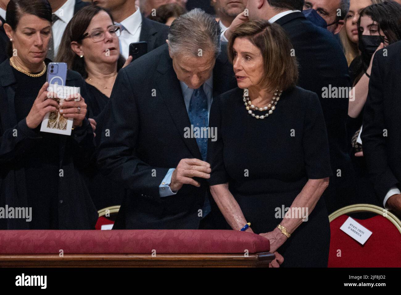 Vatican, Vatican. 29th June, 2022. US House of Representatives Speaker, Nancy Pelosi (R), with her husband Paul Pelosi (C), attend a Holy Mass for the Solemnity of Saints Peter and Paul lead by Pope Francis in St. Peter's Basilica. (Photo by Stefano Costantino/SOPA Images/Sipa USA) Credit: Sipa USA/Alamy Live News Stock Photo