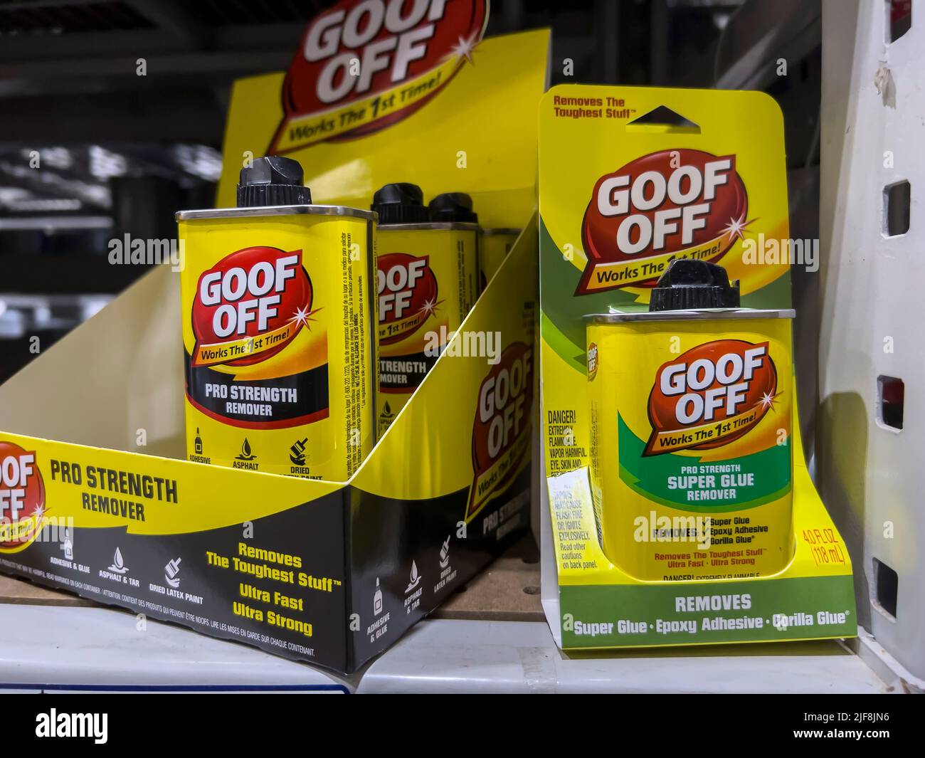 Seattle, WA USA - circa June 2022: Close up view of Goof Off products for sale inside a Lowe's home improvement store. Stock Photo