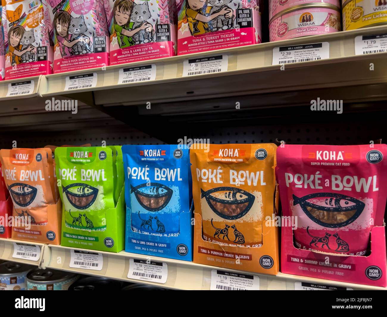 Seattle, WA USA - circa June 2022: Close up view of wet cat food for sale inside a Pet Pros store. Stock Photo