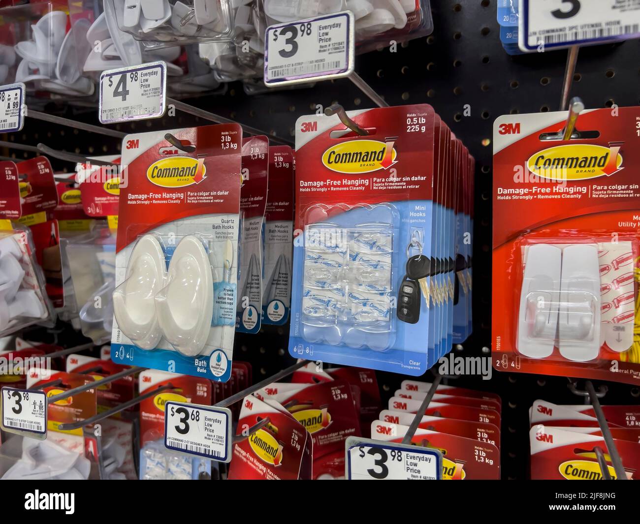 Seattle, WA USA - circa June 2022: Close up view of Command Strip products for sale inside a Lowe's home improvement store. Stock Photo