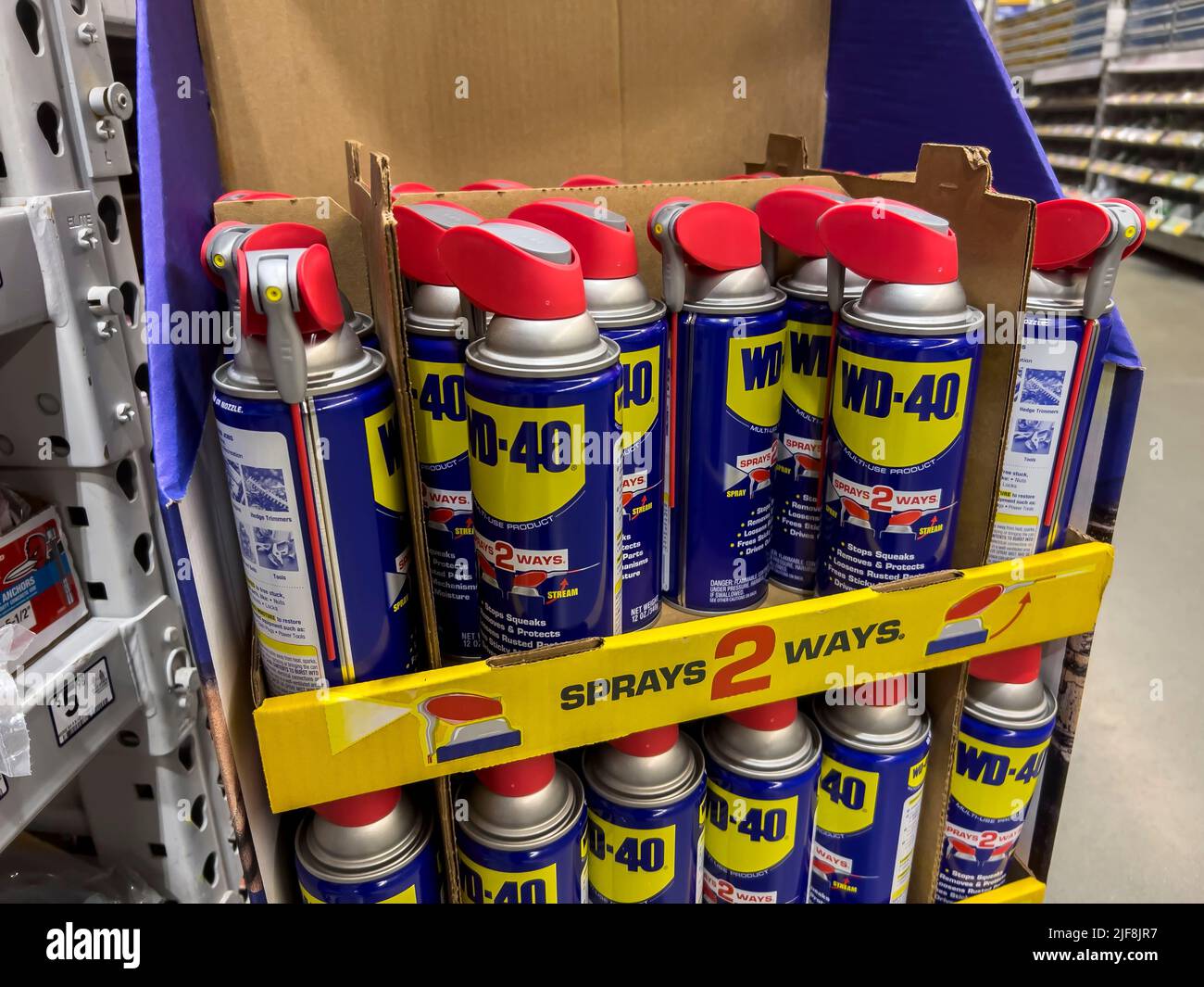 Seattle, WA USA - circa June 2022: Close up view of WD-40 products for sale inside a Lowe's home improvement store. Stock Photo