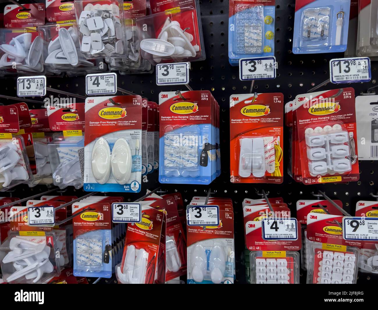 Seattle, WA USA - circa June 2022: Close up view of Command Strip products for sale inside a Lowe's home improvement store. Stock Photo
