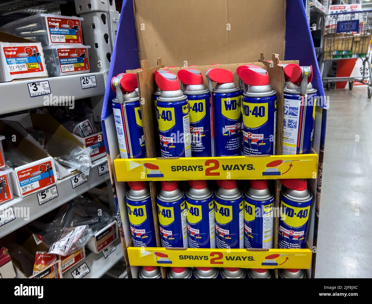 Seattle, WA USA - circa June 2022: Close up view of WD-40 products for sale inside a Lowe's home improvement store Stock Photo