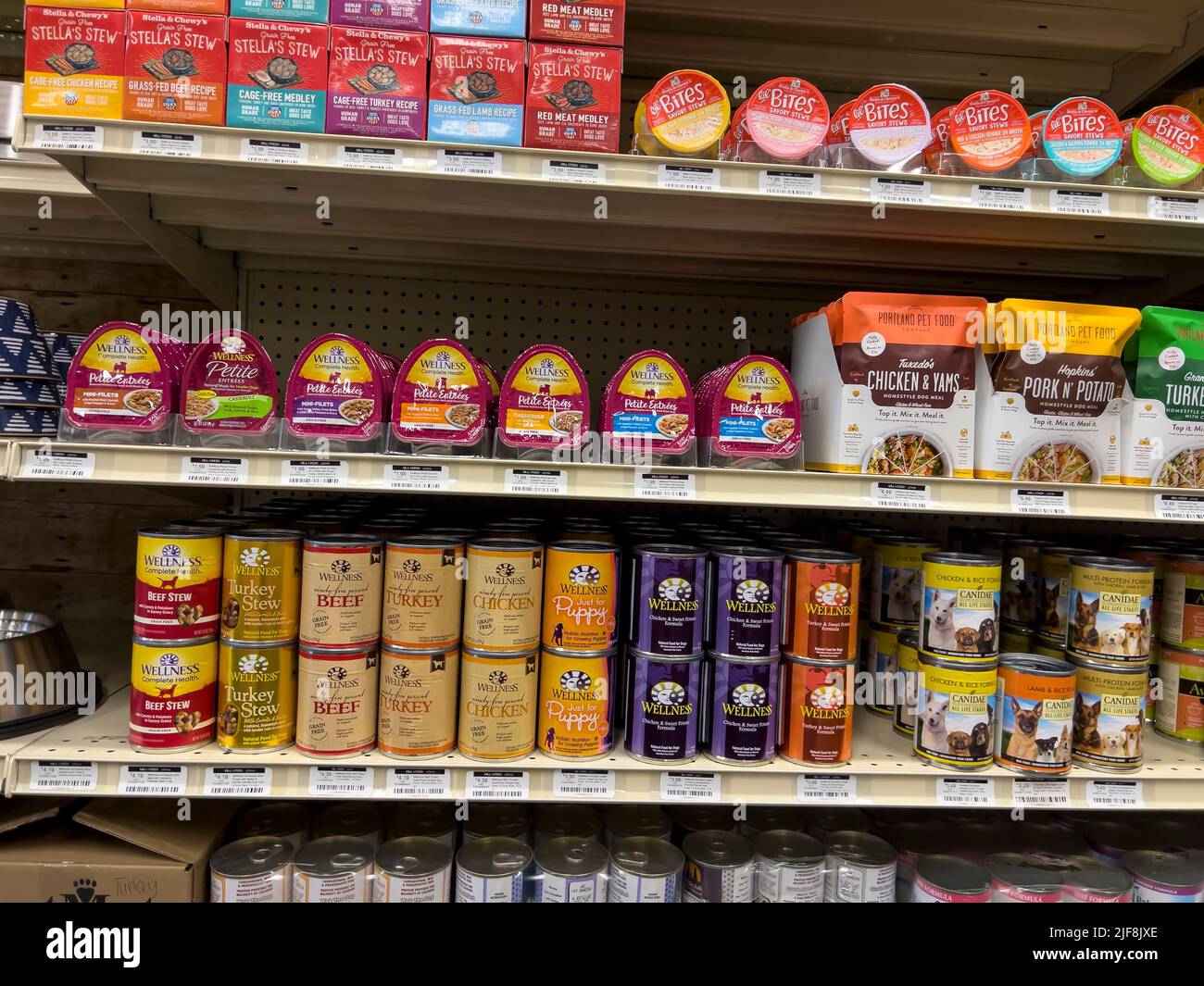 Seattle, WA USA - circa June 2022: Close up view of wet dog food for sale inside a Pet Pros store Stock Photo