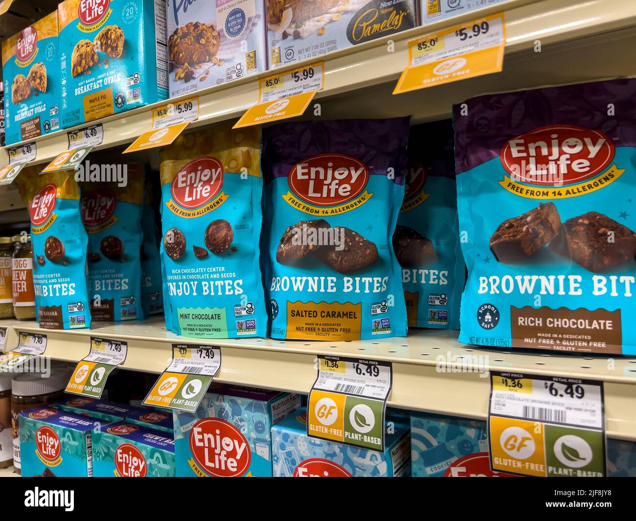 Seattle, WA USA - circa June 2022: Close up view of Enjoy Life brand allergen free products for sale inside a Sprouts Market. Stock Photo