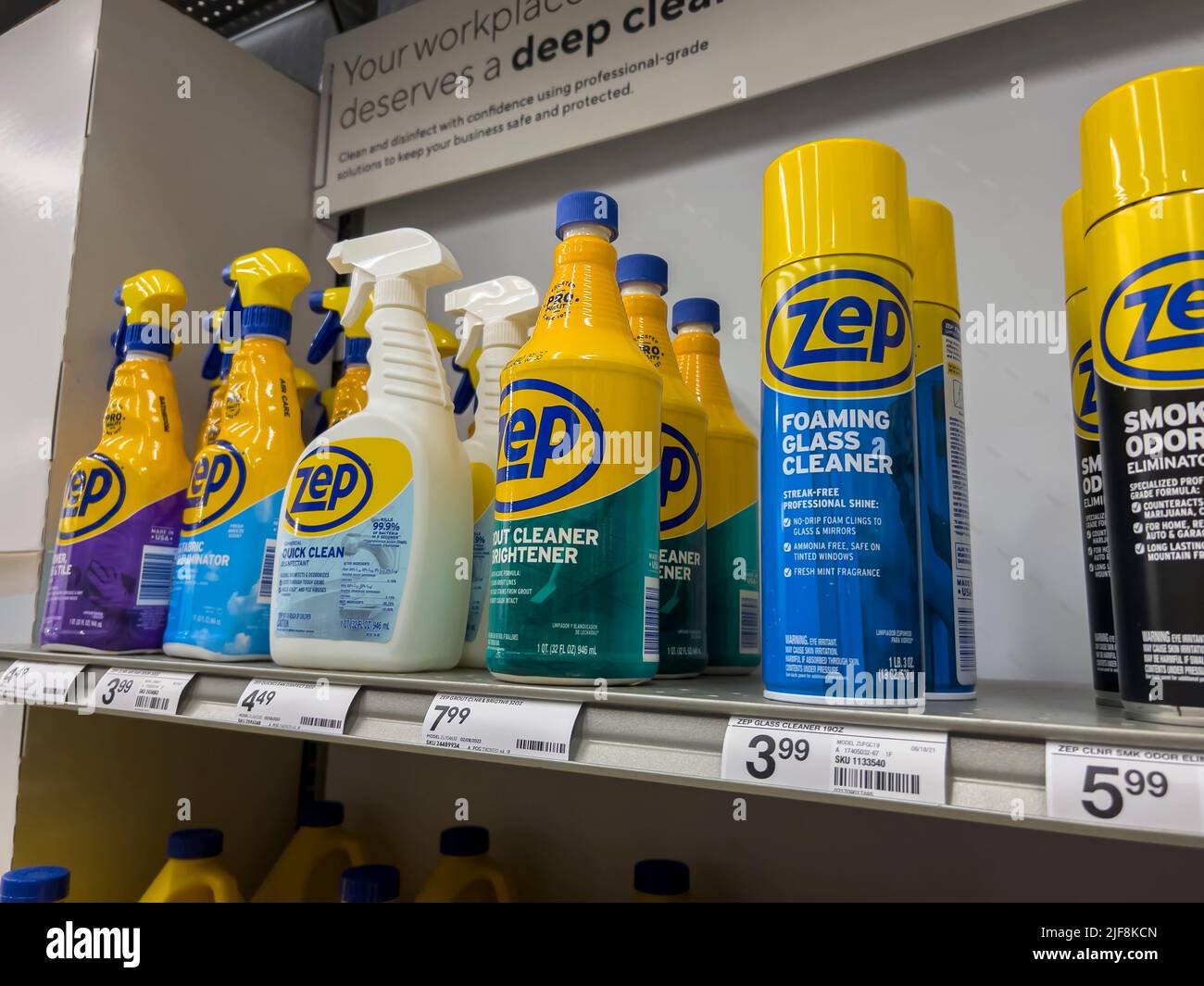 Mill Creek, WA USA - circa June 2022: Angled view of Zep specialty cleaning products for sale inside a Staples store. Stock Photo