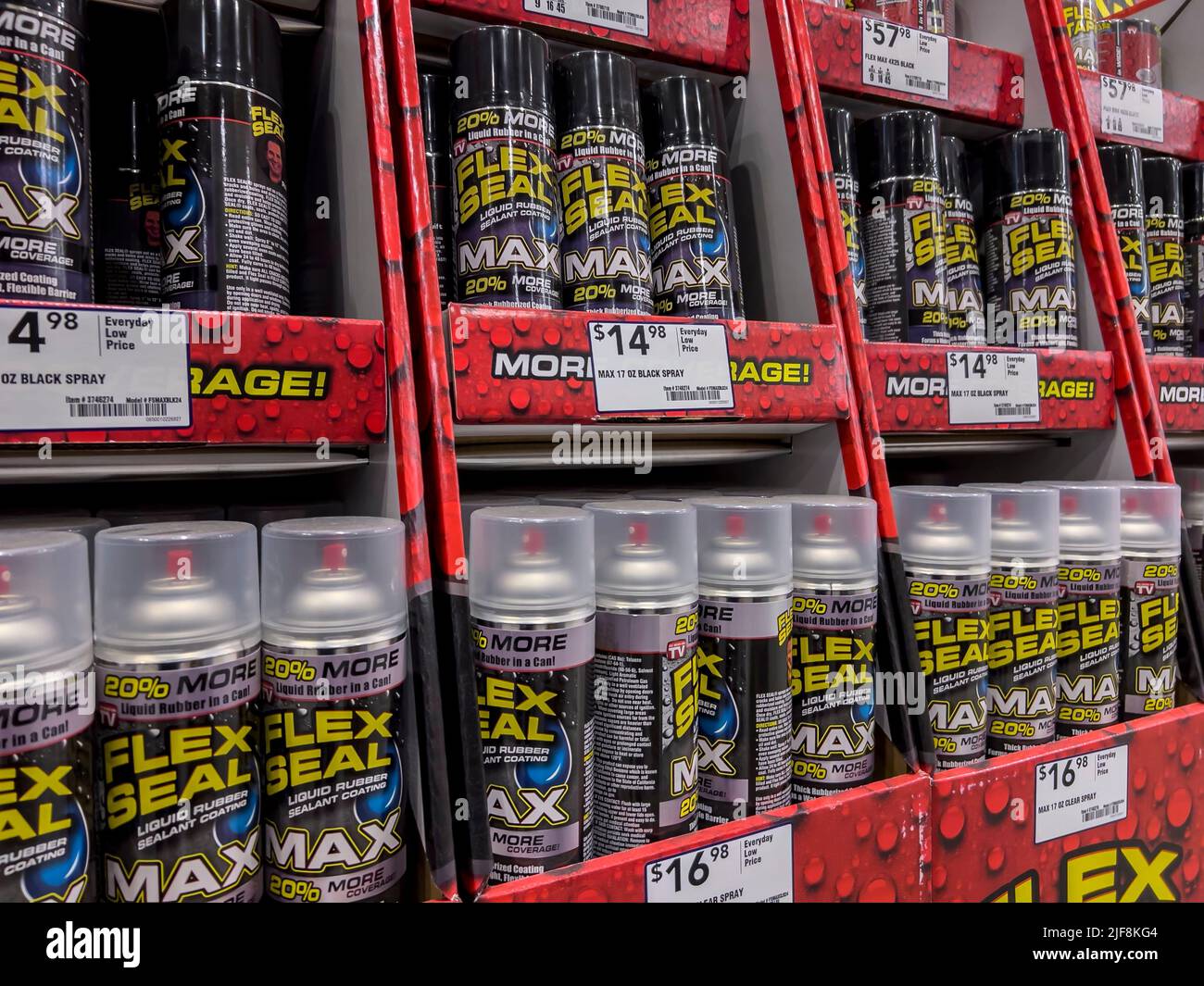 Mill Creek, WA USA - circa June 2022: Angled view of a Flex Seal display inside a Lowe's store. Stock Photo