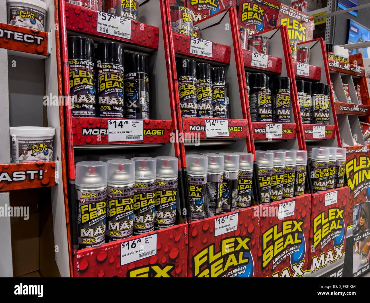 Mill Creek, WA USA - circa June 2022: Angled view of a Flex Seal display inside a Lowe's store. Stock Photo