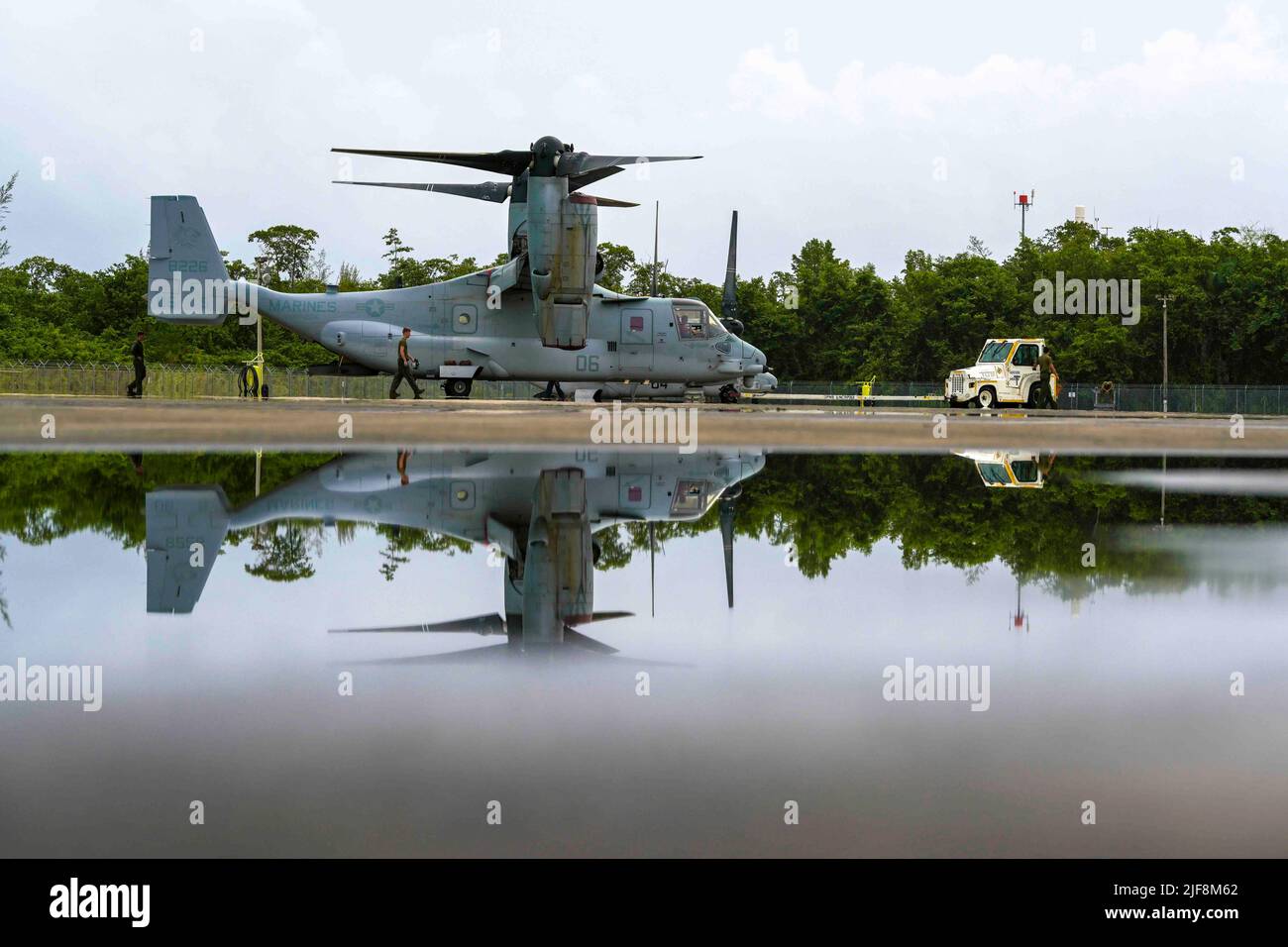 June 15, 2022 - Carolina, Puerto Rico - An MV-22B Osprey assigned to Marine Medium Tiltrotor Squadron (VMM) 266 is towed across the airfield during the French-Caribbean exercise Caraibes 22 at Muniz Air National Guard Base, Carolina, Puerto Rico, June 15, 2022. Caraibes 22 is a French-led, large-scale, joint-training exercise in the Caribbean involving naval, air, and land assets from the French, U.S., and regional forces focused on responding to simulated-natural disasters. During the exercise, the 156th Wing was the main operating hub in support of VMM-266 by providing fuel, aircraft marshal Stock Photo