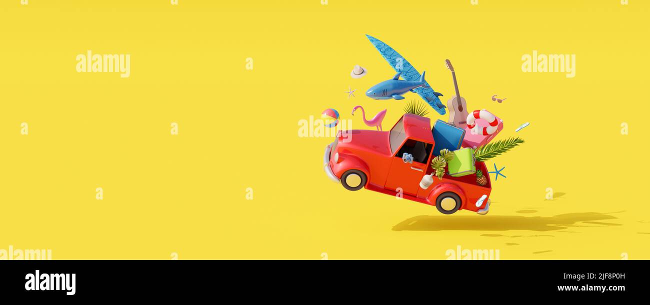 Red car jump with luggage and beach accessories ready for summer travel. Creative summer vacation concept on yellow background 3D Render Stock Photo