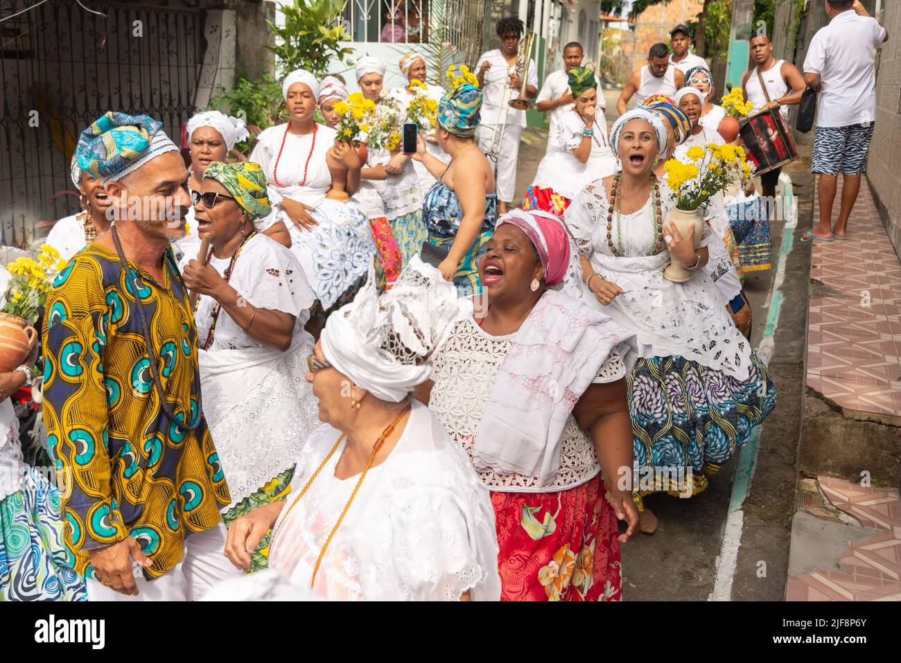 Saubara, Bahia, Brazil - June 12, 2020: Candomble members dancing and singing at the religious festival in Bom Jesus dos Pobre district, Saubara city. Stock Photo