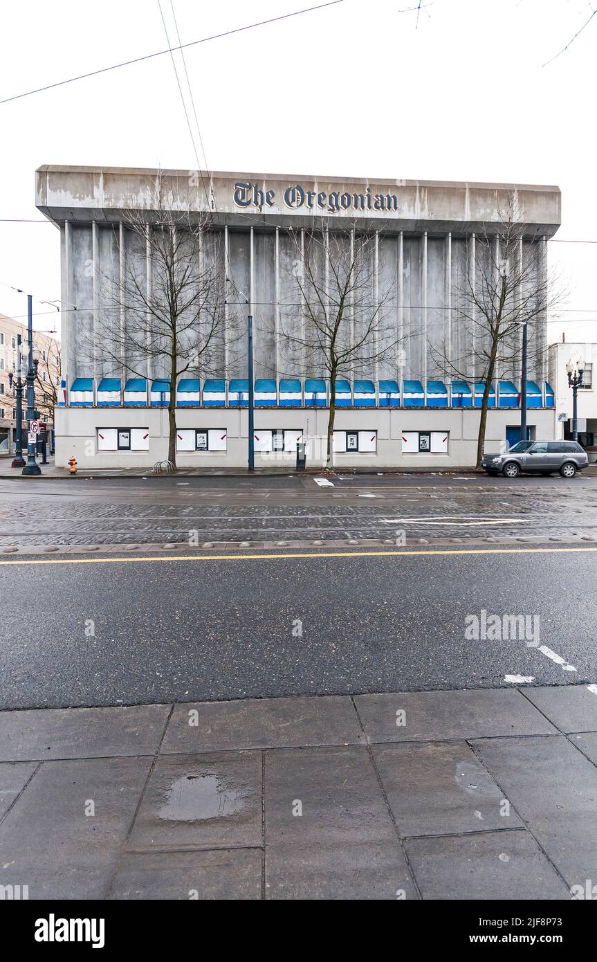 The old Oregonian Printing Press Building on a rainy day on SW Morrison