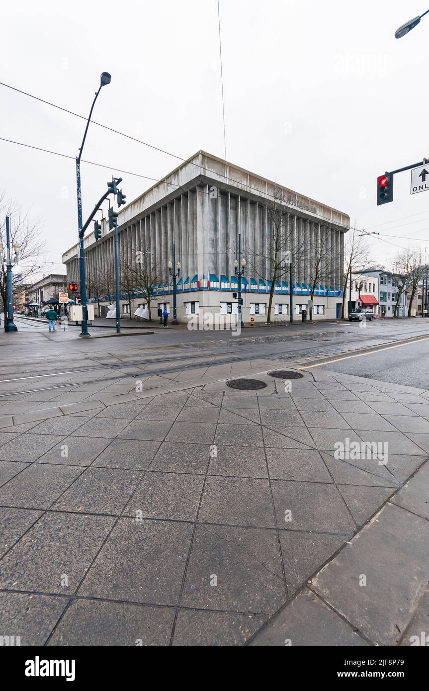 The old Oregonian Printing Press Building on a rainy day on SW Morrison