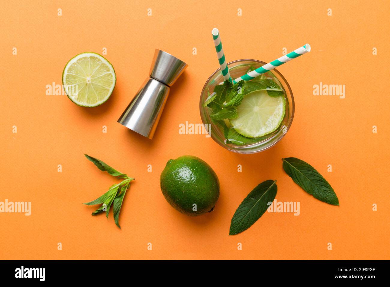 Caipirinha, Mojito cocktail, vodka or soda drink with lime, mint and
