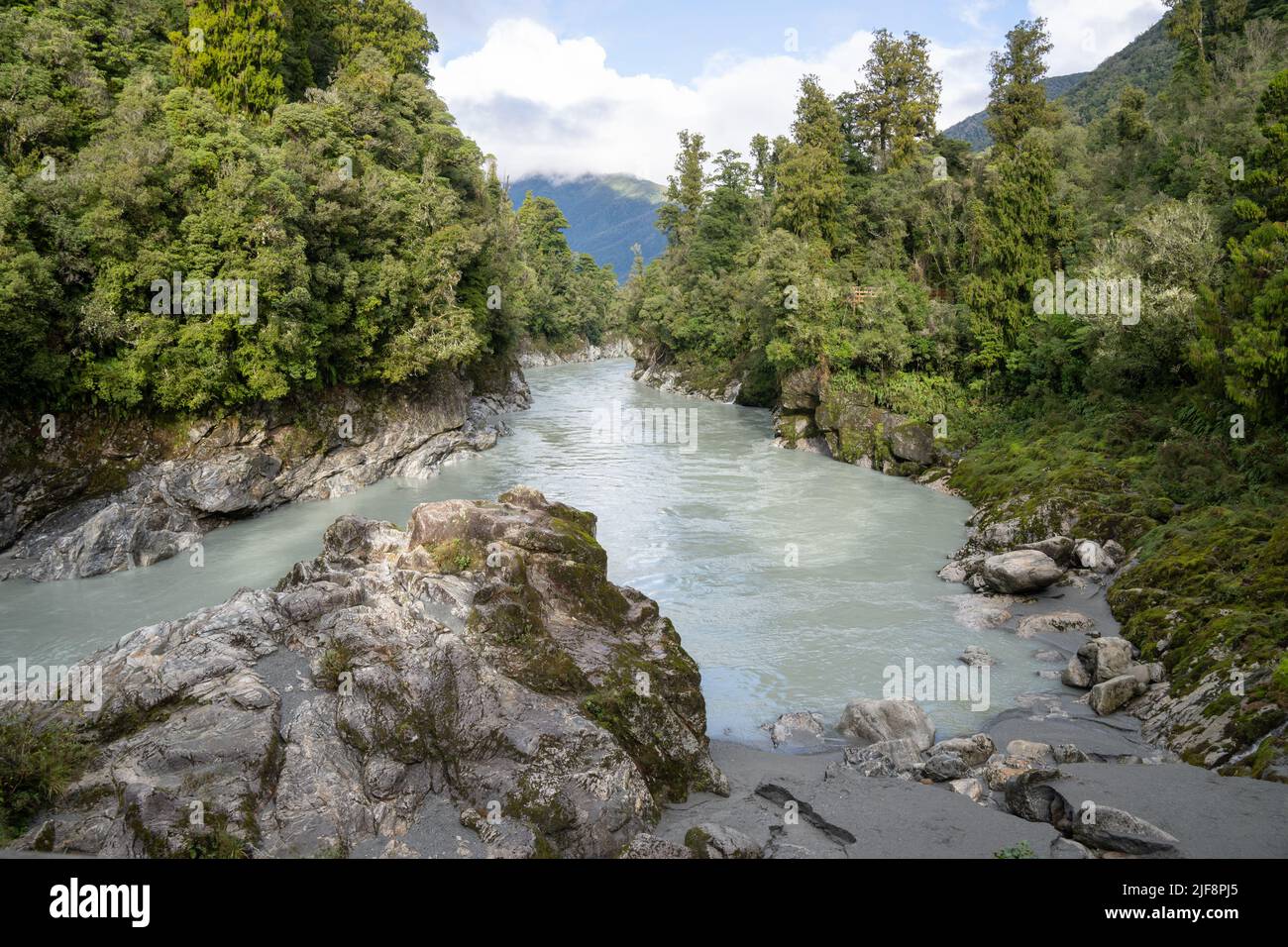 Hokitika River flowing to coast through scenic Hokitika Gorge to west coast. Stock Photo
