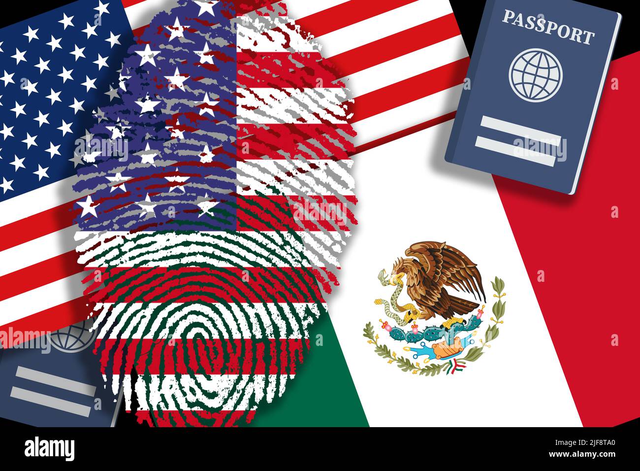 Migration / Immigration: US and Mexican flags and passports Stock Photo